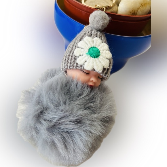 Accessories - Grey Knit Cute Adorable Flower Hat Fur Baby Doll Fashion Keyring Keychain